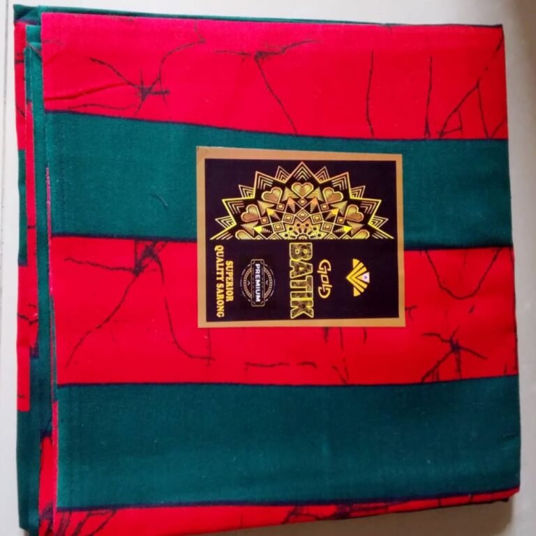 100% cotton sarong with red stripes in front with full green background at the back.